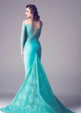 Turquoise evening dress na may puntas