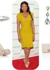 Mustard dress na may beige accessories