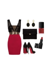 Crimson dress at black accessories