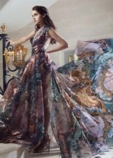 Chiffon dress na may naka-print na sahig