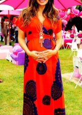 Long red dress with blue flowers for pregnant women