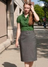 Blouse with ruffles in combination with a straight skirt for girls with figure type Pear