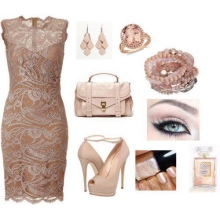Beige lace dress na may accessories