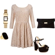 beige lace dress na may itim na accessories