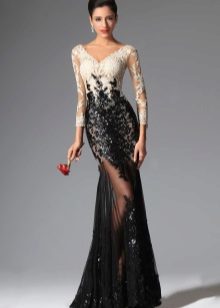 Black evening dress na may mga sleeves ng puntas