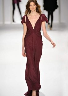 burgundy dress na may malalim na neckline