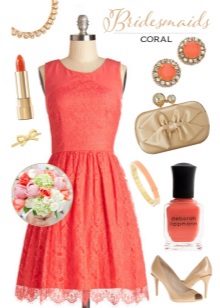 Coral dress na may beige