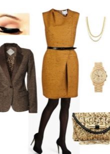 Dress Mustard na may itim na sapatos at itim na pampitis