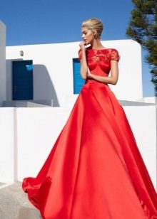 Red silk dress with lace