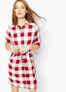 Red at White Check Shirt Dress