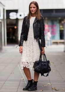 Leather jacket sa A-line lace dress