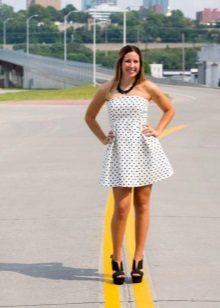 White pea dress sa black polka dot na may high waist