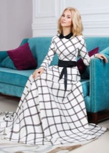 Long white check dress na may black collar at belt