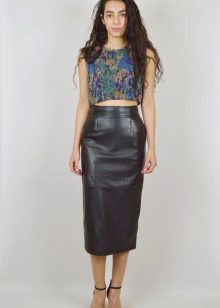 Black leather pencil skirt with a high waist