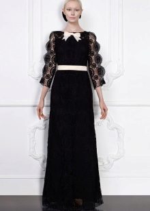Black lace dress na may white belt