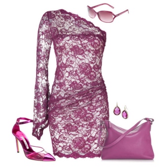Lila lace dress na may mga tonal accessories
