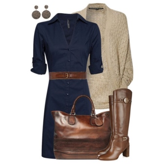 Brown boots at bag sa asul na damit