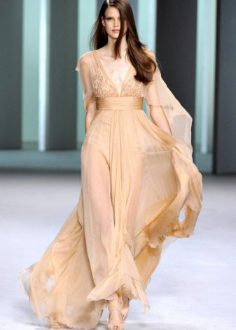 Evening dress beige chiffon with neckline