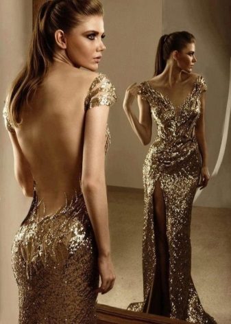 Golden dress na may bukas na likod