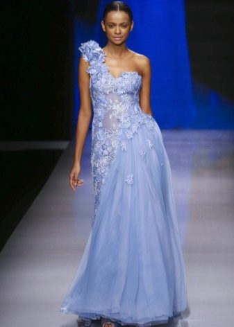 Blue dress na may organza insert
