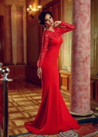 Red long tight dress with guipure sleeves