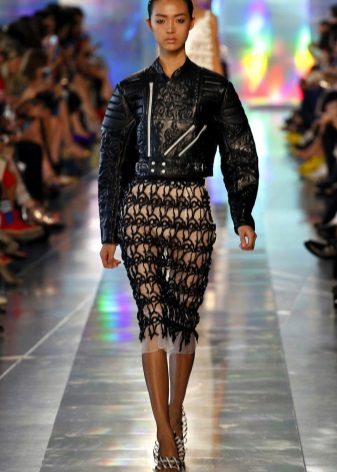 lace-up pencil skirt with leather jacket