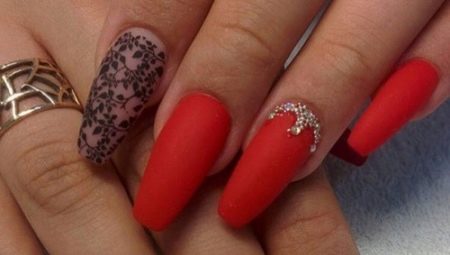 Red manicure design para sa long nails