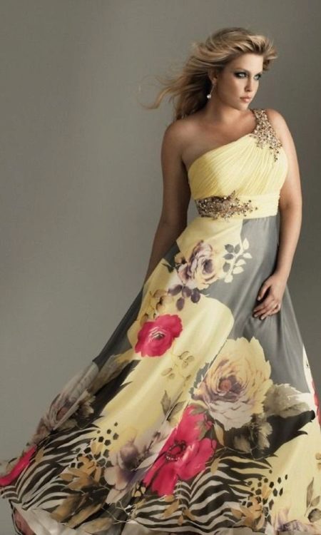 Evening sundress on one shoulder