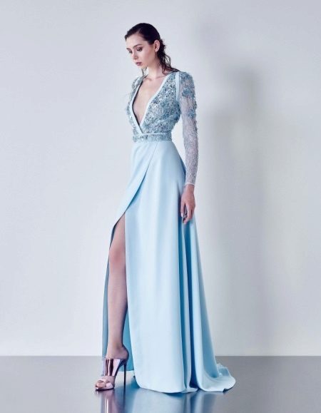 Blue evening dress na may sleeves