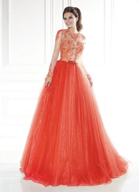 Gabi orange dress sa sahig na may sleeves