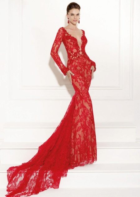 Red lace evening dress with a train