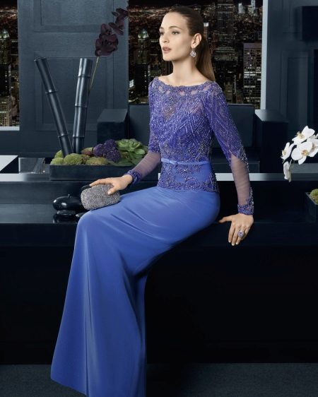 Blue evening dress na may puntas