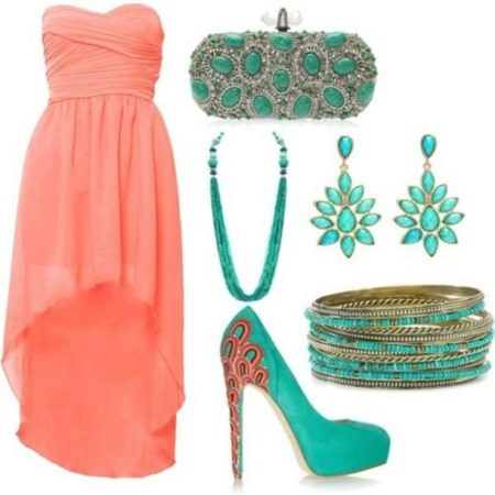 Coral dress na may turkesa accessories