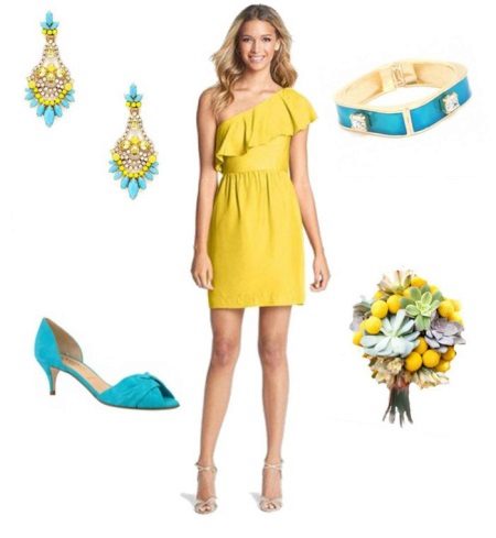 Mustard na damit na may mga turkesa na berde na accessories sa dagat