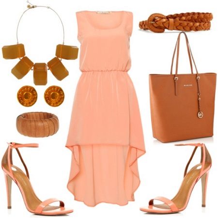 Peach dress na may brown accessories