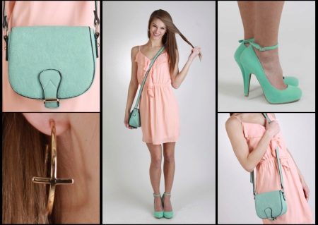 Peach dress na may turkesa accessories