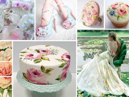 Mag-print ng bulaklak sa isang damit-pangkasal, sapatos at cake
