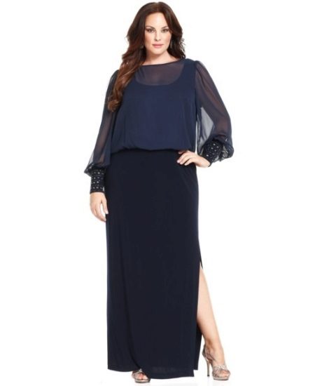 Office dress in floor combined with chiffon and knitwear dress with long sleeves for obese women