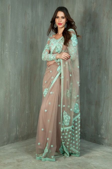 European green at beige saree