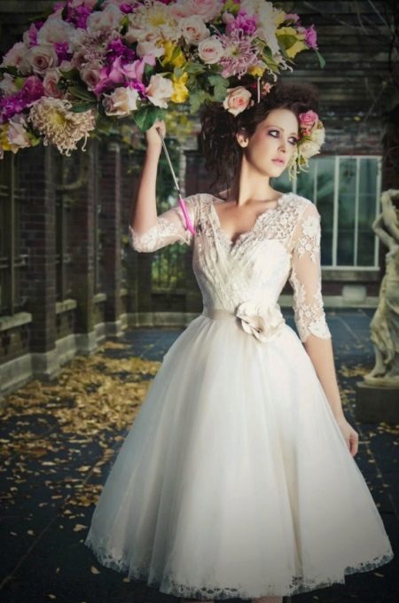 Midi wedding dress with lace top