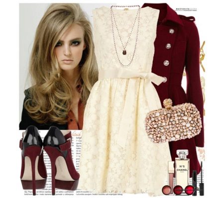White lace dress na may burgundy accessories