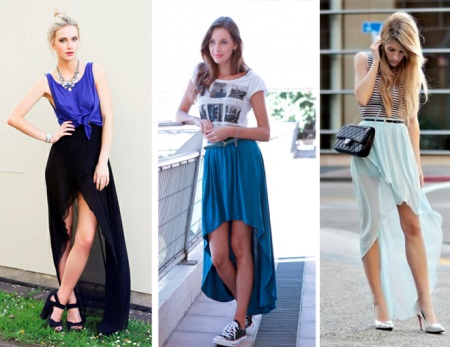 Combination of skirts with a train with different shoes